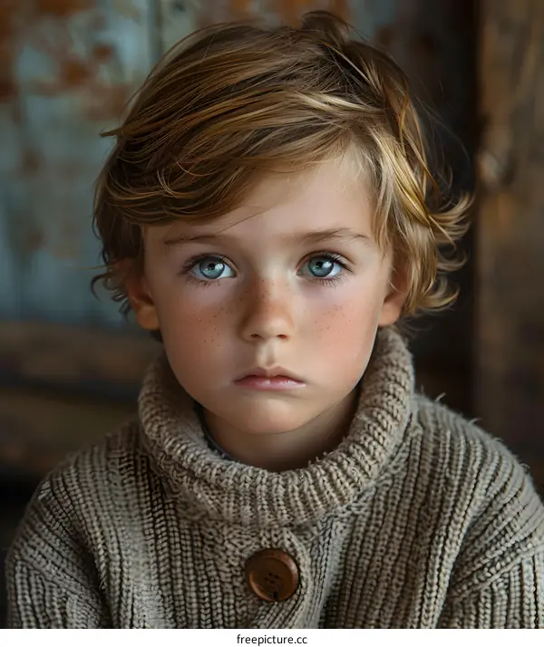 Portrait of a boy with freckles and blue eyes