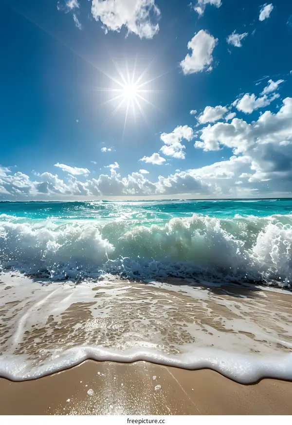Beautiful Blue Ocean Wave Crashing on a Sandy Beach with Sun and Clouds in the Sky