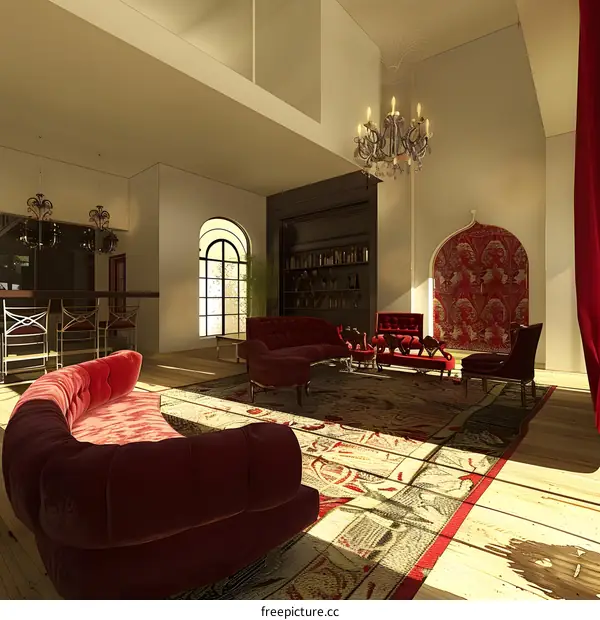 Luxury Living Room Interior Design With Red Velvet Sofa And Chandelier