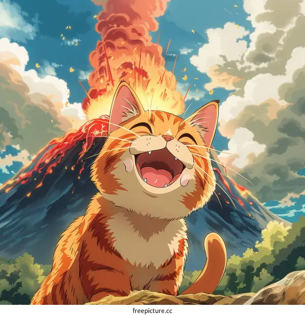 Cat looking at a volcanic eruption