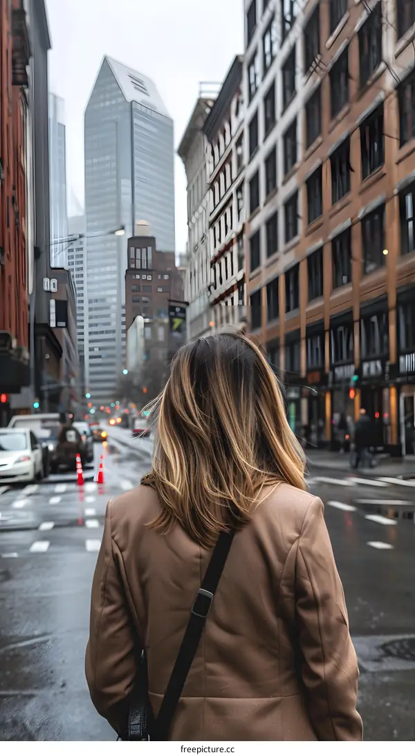 Woman Walking In City Street With Skyscrapers In Background