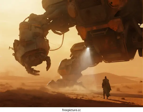 A lone figure stands before a massive futuristic mech in a desert landscape