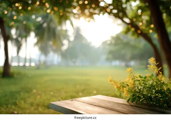 Peaceful Park Setting with Wooden Table and Yellow Flowers