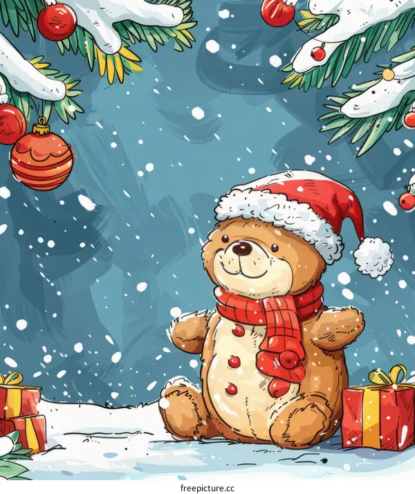Teddy Bear Celebrating Christmas Under Snowy Fir Tree