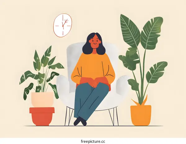 Woman Sitting In Chair Surrounded By Plants