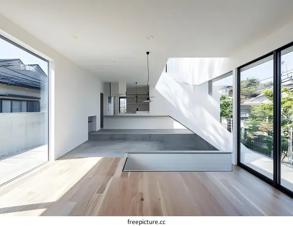 Modern Minimalist Interior Design with Open Floor Plan and Large Windows