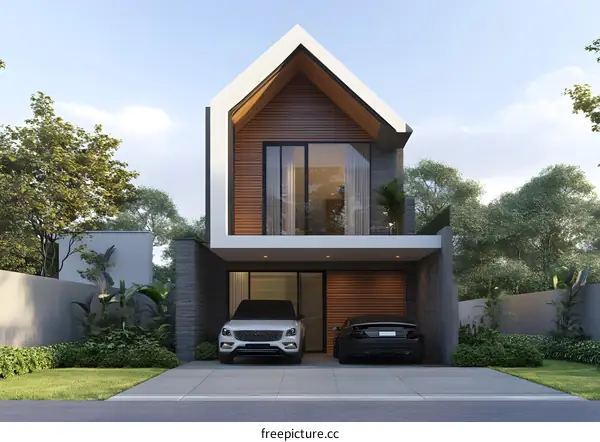 Modern Two Story Home With Wooden Siding And Garage