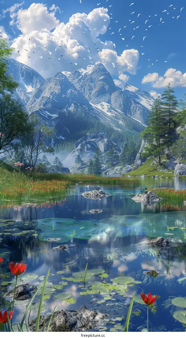 Majestic Mountain Lake Scenery Illustration