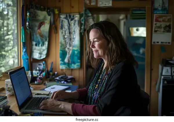 Woman working on a laptop in a home office