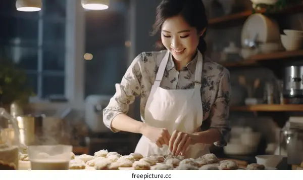 Asian woman making cookies in the kitchen