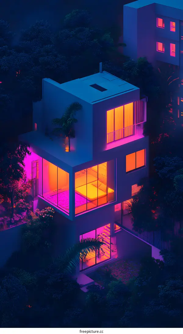Modern House with Neon Lights in Night