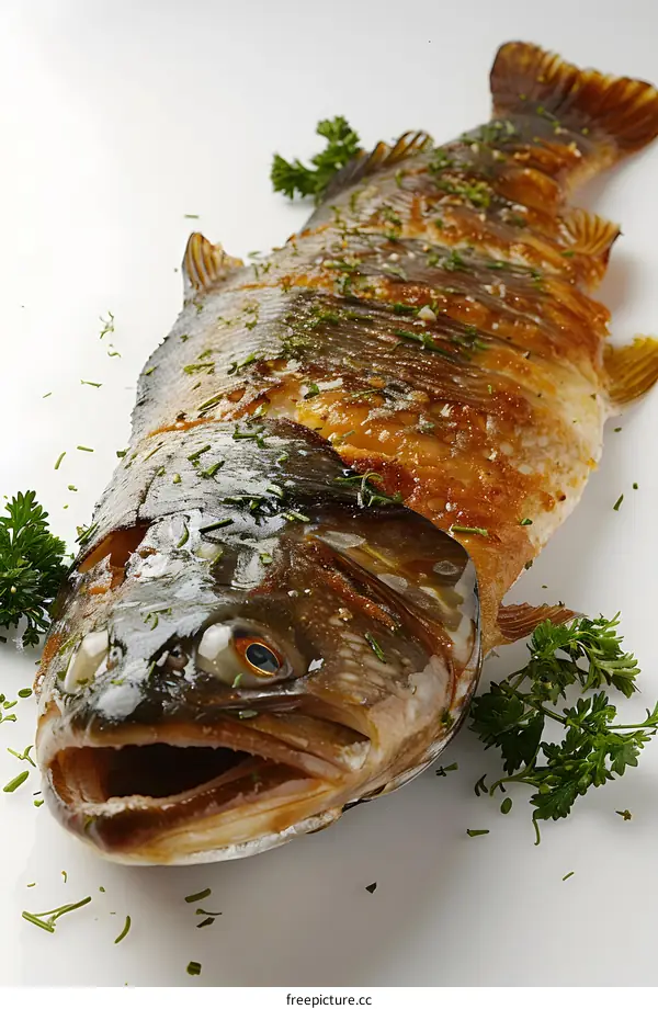 Grilled Fish with Herbs on White Background