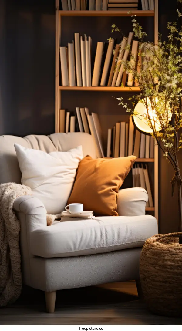 A cozy reading nook with a comfortable armchair, a warm blanket, and a cup of tea