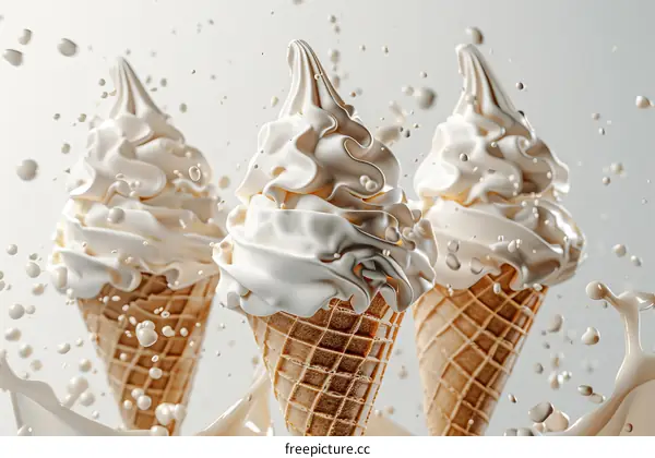 Three vanilla ice cream cones with milk splash