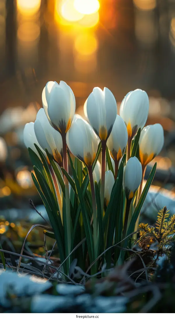 White crocus flowers in spring with blurred background