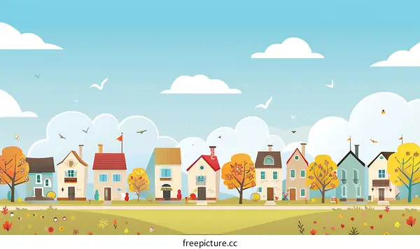 Autumn Village Landscape Illustration With Cartoon Houses