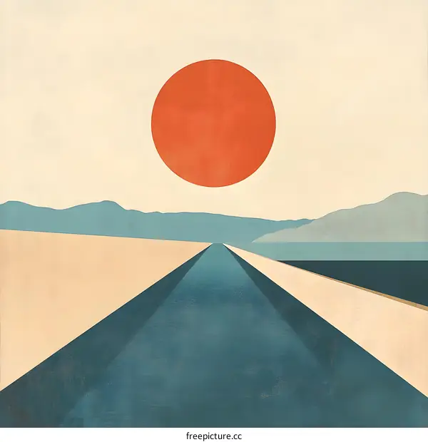 Minimalist Landscape Illustration with Red Sun and Blue Road
