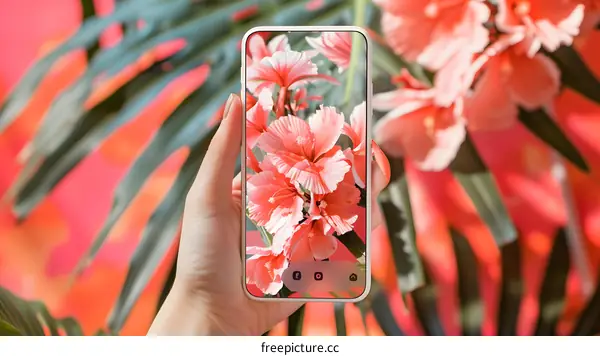 Hand Holding a Phone Taking a Photo of Pink Flowers