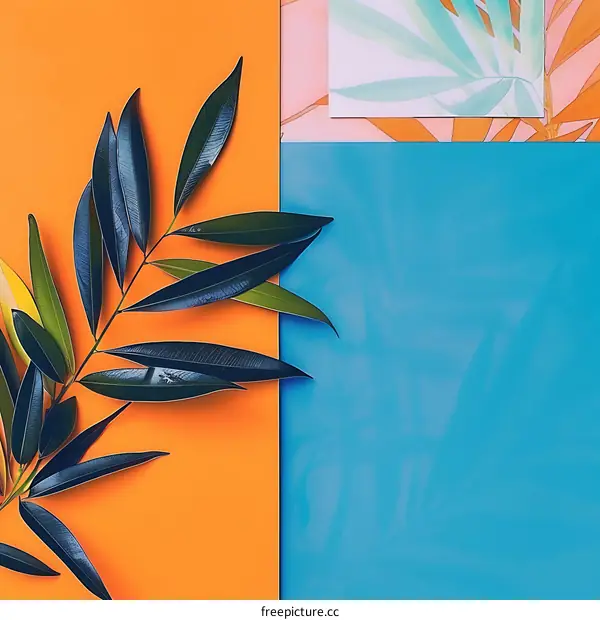 Tropical Leaves on Orange and Blue Background