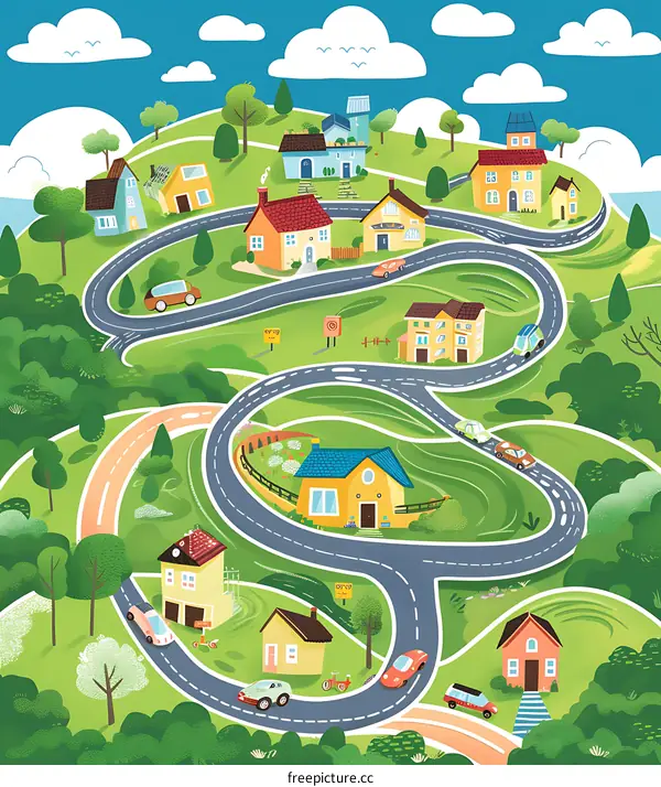 Cartoon Illustration of a Winding Road Through a Colorful Village