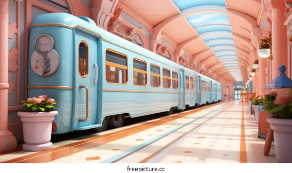 A blue train is in a pink station