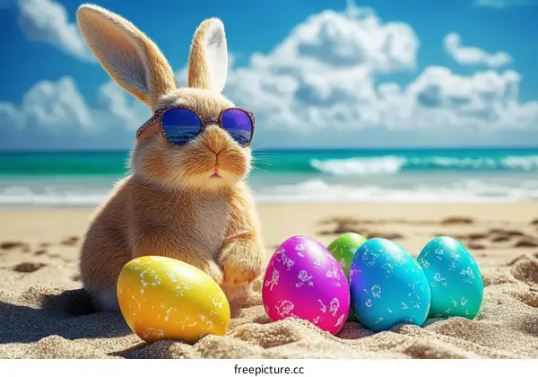 Funny Easter Bunny on the Beach with Colorful Eggs