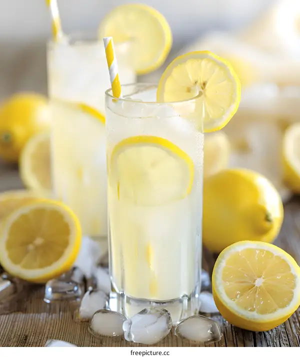 Refreshing Summer Lemonade with Ice and Lemon Slices