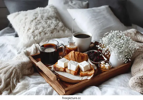 Cozy Bedside Breakfast Tray Featuring Coffee, Croissants, and Sweets