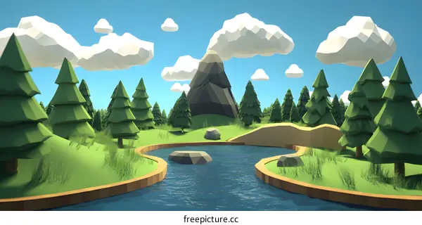 Low Poly Forest Landscape with Mountains and River