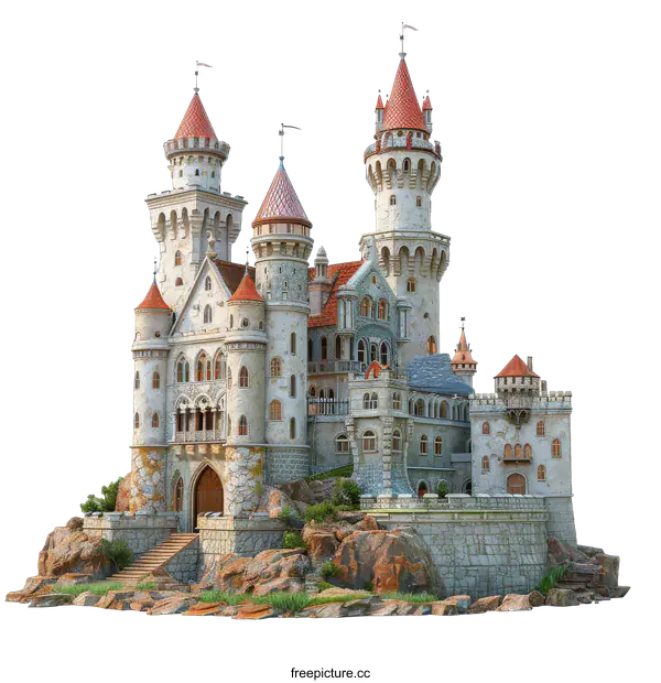 [Transparent Background PNG]A realistic rendering of a medieval castle with a dark background.