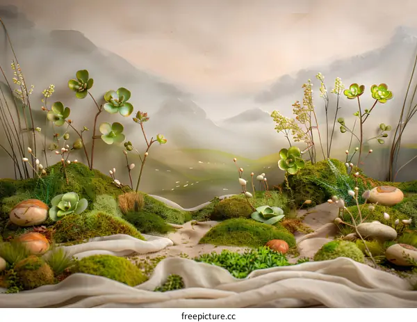 Green Mossy Hills with Background of Misty Mountains and Meadow