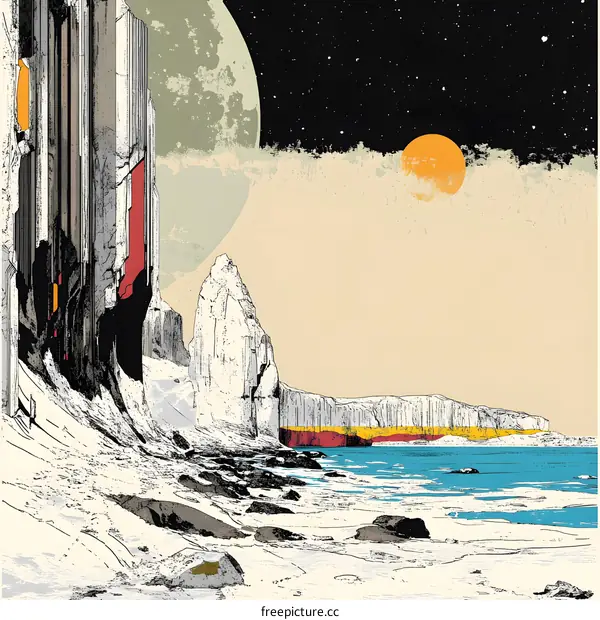 Abstract Landscape With Two Moons and a Rocky Coastline