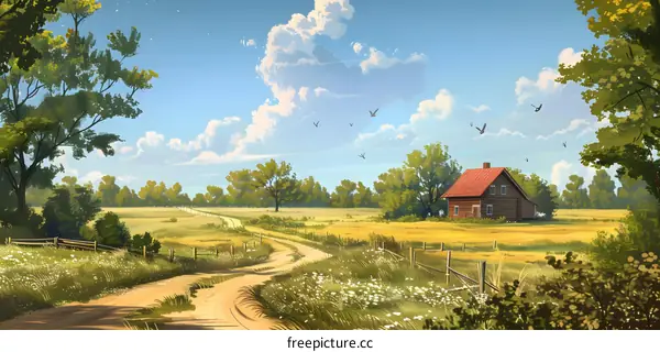 Beautiful Countryside Landscape with a Wooden House and Winding Road