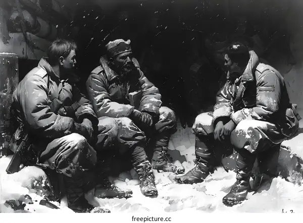 Three soldiers in a snowy trench during World War I