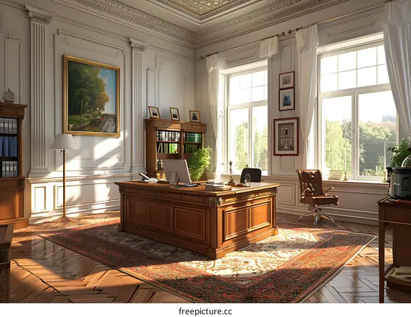Luxurious office interior with large windows and a desk