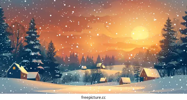 Cozy Village Nestled in Snowy Mountains at Sunset