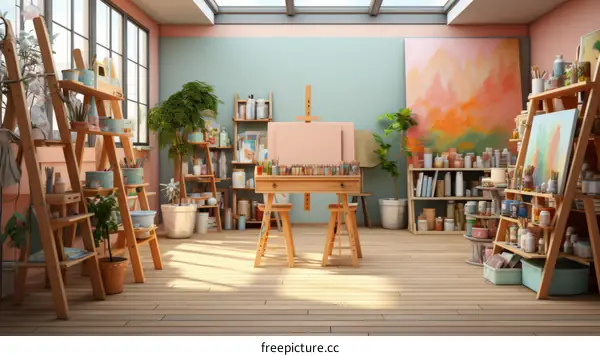 An art studio with a large window and a painting on an easel