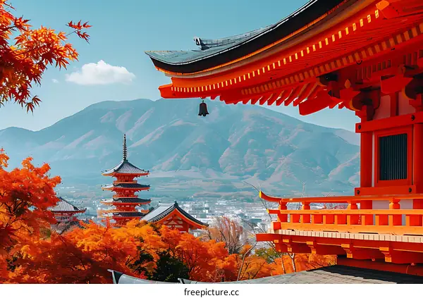 Red Pagoda with Autumn Leaves and Mountains in Background
