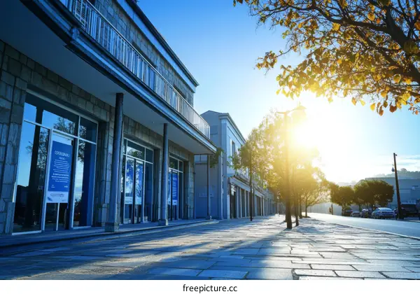 Morning Sunlight on a Town Street with Shops