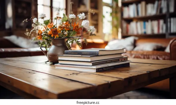 An artistic photo of a coffee table with books and flowers