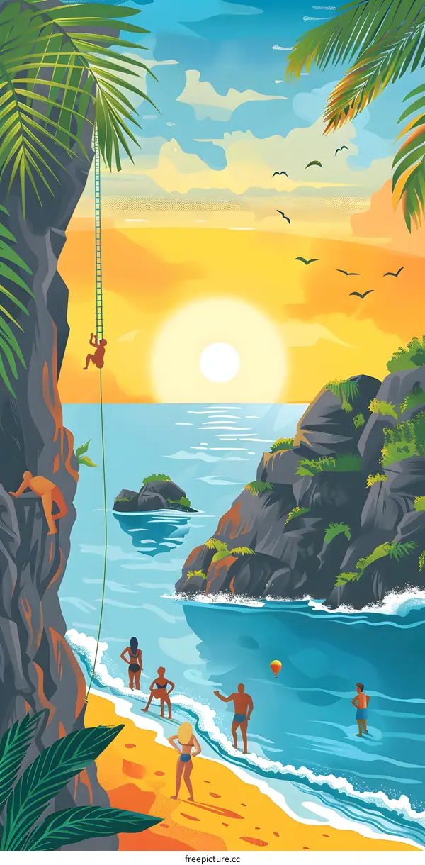 Tropical Beach Sunset with Palm Trees and Climbers