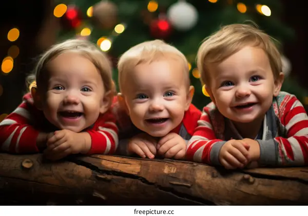 Three happy babies in Christmas pajamas