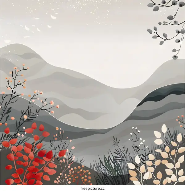 Abstract Minimalist Mountain Landscape with Flowers