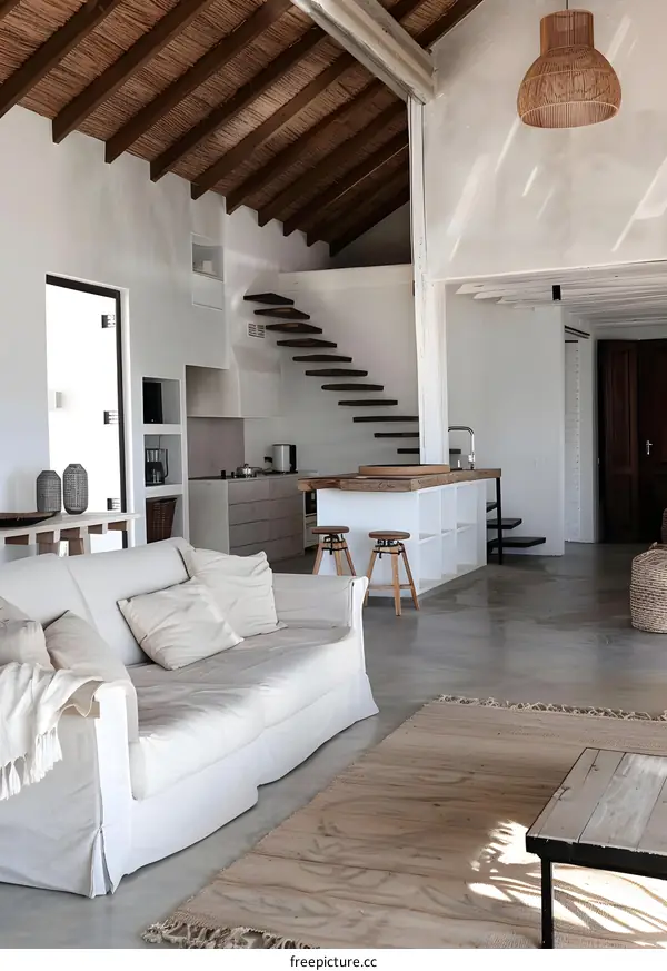 Minimalist White Interior Design with Wooden Beams and Stairs