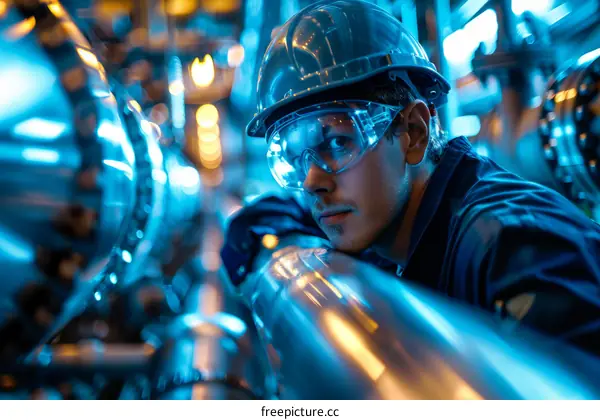 Portrait of a male worker wearing a hard hat and safety glasses in a factory