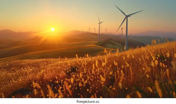 Wind turbines in a field of wheat at sunset