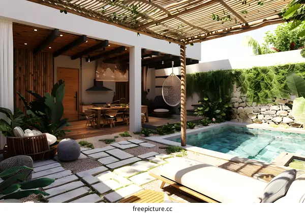 Tropical Backyard With Private Pool And Patio