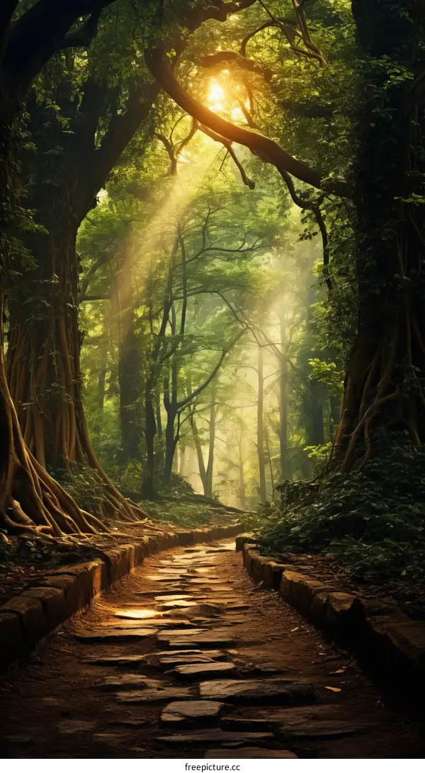 fantasy forest path with sun rays shining through the trees