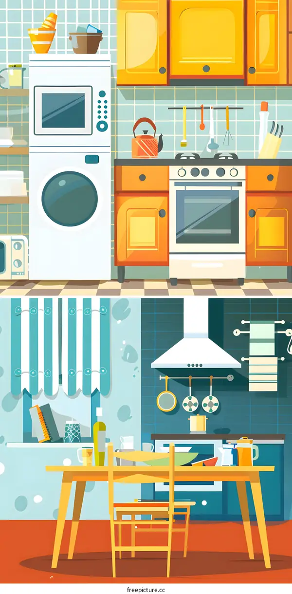 Cartoon Kitchen Interior with Appliances and Furniture