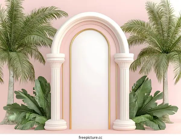 White Archway with Gold Frame and Palm Trees